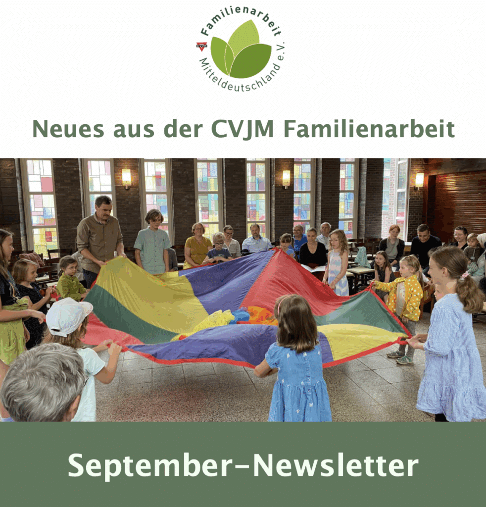 Das Bild zeigt den Anfang des Newsletters mit einer Gruppe Kinder und Erwachsener um das Schwungtuch